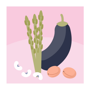 Illustration of asparagus, eggplant, olives, and beans