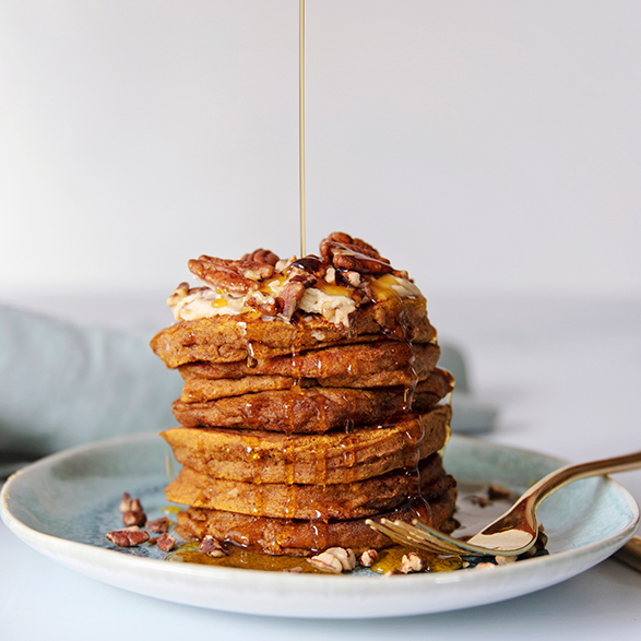 Gluten-Free Pumpkin Spice Pancakes Topped with Maple Pecan Butter