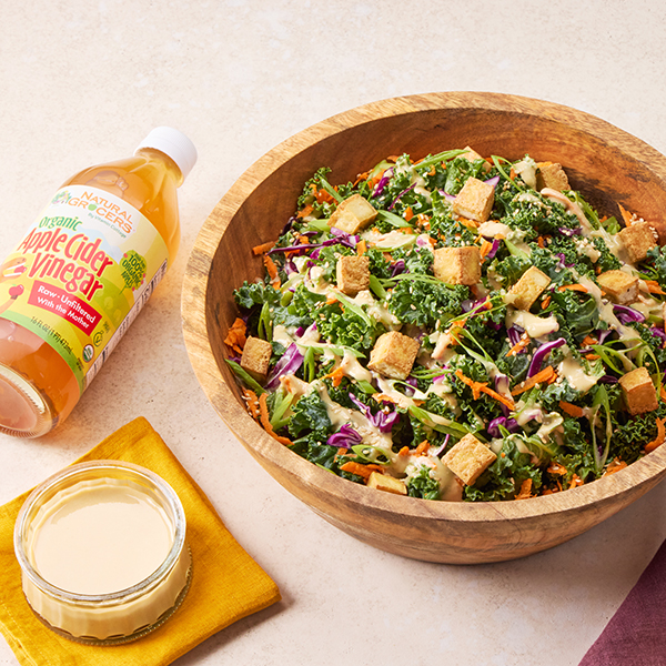 Chopped Kale Salad with Pan-Fried Tofu With Sesame Miso Ginger Dressing