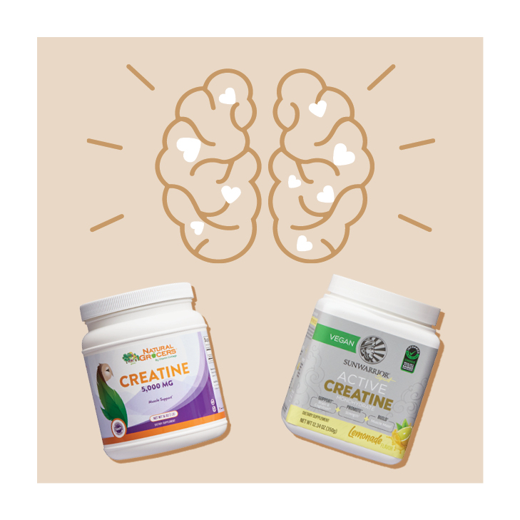 Illustration of a brain and images of creatine products