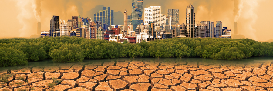 Image of a cityscape and dry, cracked ground