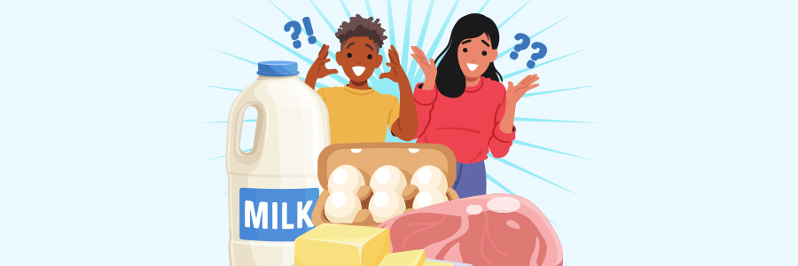 Illustration of confused people looking at eggs, milk, and meat