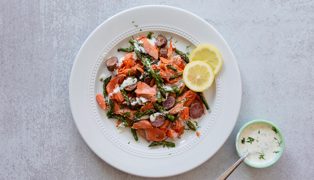 Salmon Salad with Roasted Potatoes, Asparagus, and Horseradish Dill Sauce
