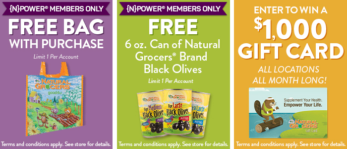 Free shopping bag, free bag of 6 oz can of Natural Grocers Brand Black Olives, enter to win a $1,000 gift card