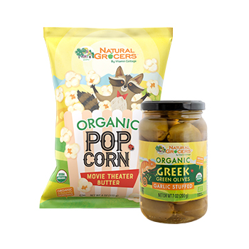 Natural Grocers Brand Organic Popcorn and Natural Grocers Brand Organic Garlic Stuffed Greek Olives