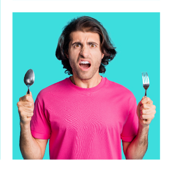 Hungry Man holding utensils 