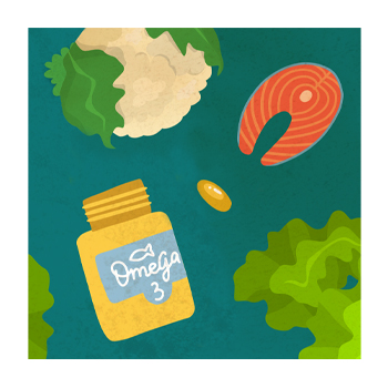Illustration of meat, veggies, and Omega 3 Supplement