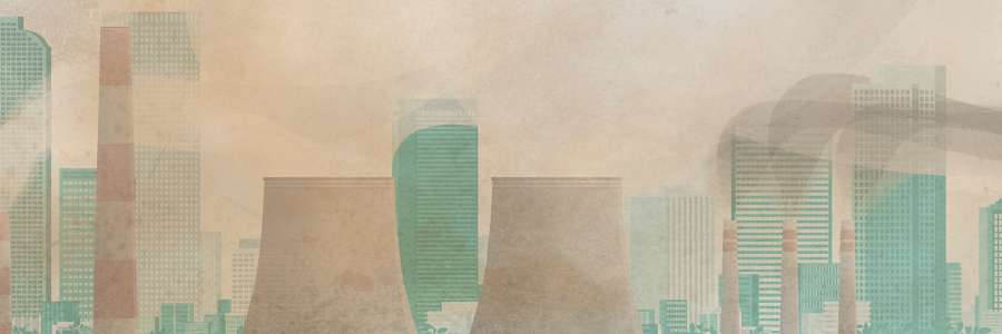 Illustration of building skyline with smokestacks and haze.