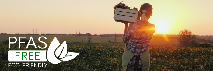 Farm Worker Holding Basket of Vegetables. PFAS FREE ECO-FRIENDLY