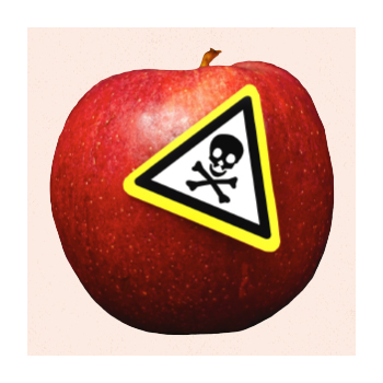 Apple with sticker that has toxic icon