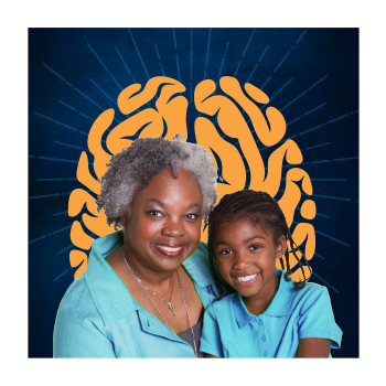 Image of older adult and child with an illustration of the brain in the background