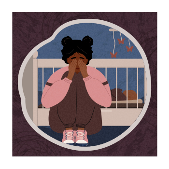 Illustration of person in anguish sitting next to crib