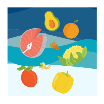 Illustration of fruit, vegetables, and meat