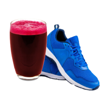Image of beetroot juice in a glass and athletic shoes