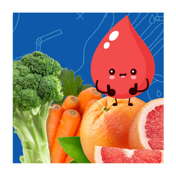 Image of fruit and vegetables with blood droplet illustration 