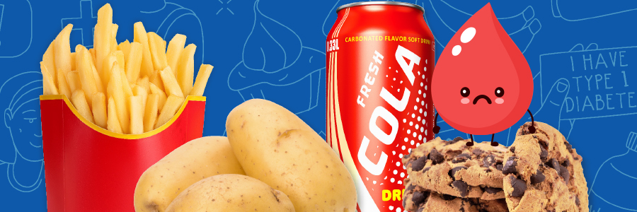 Image of potatoes, french fries, soda, and cookies