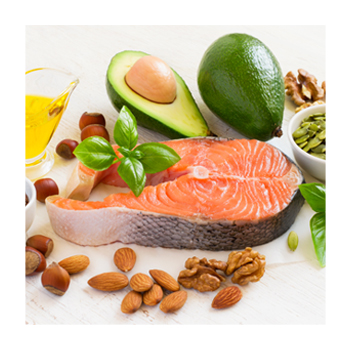 Image of fish fillet, almonds, and avocados. 