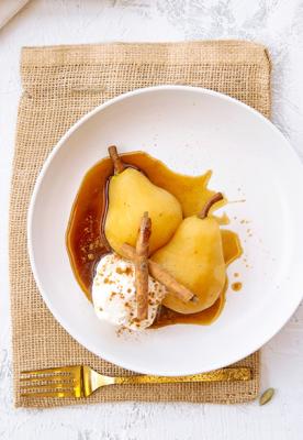 Chai Spice Poached Pears with Cinnamon Whipped Cream 