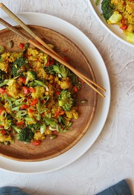 Cheezy Broccoli and Quinoa with Garbanzo Beans