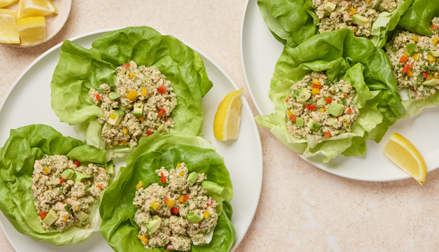 Lemon Artichoke Salmon Salad Served in Crisp Organic Lettuce Cups