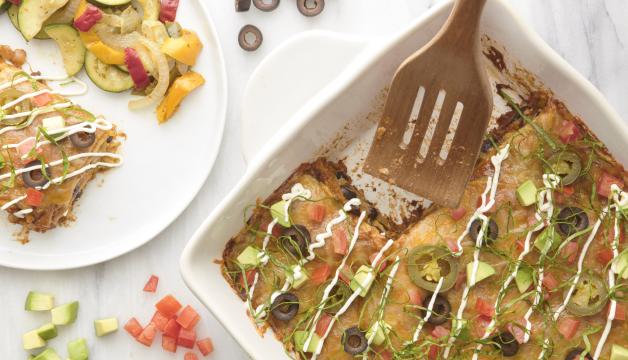 Vegetarian Enchilada Casserole with Sautéed Onions, Peppers, and Zucchini