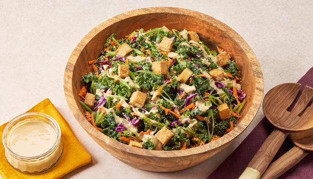 Chopped Kale Salad with Pan-Fried Tofu With Sesame Miso Ginger Dressing