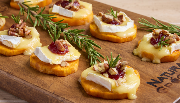 Roasted Sweet Potato Bites with Brie and Cranberry