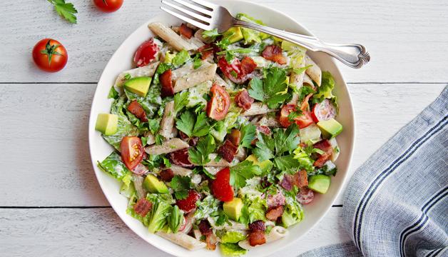 BLT Pasta Salad Served with Avocado and Dairy-Free Ranch Dressing