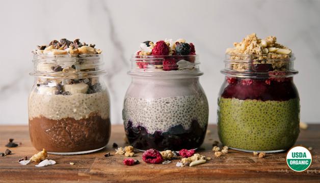 Natural Grocers Organic Breakfast Chia Pudding, Three Ways: Chocolate Peanut Butter Banana, Cherry Matcha, and Blueberry Coconut Cream