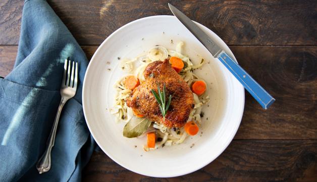 Cider-Braised Chicken and Cabbage Served with Balsamic Green Beans