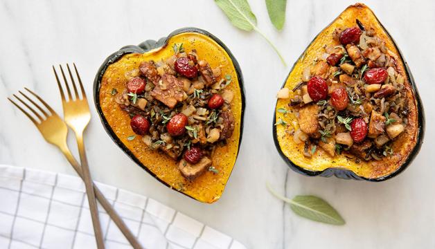 Squash Stuffed with Pears, Wild Rice and Tempeh