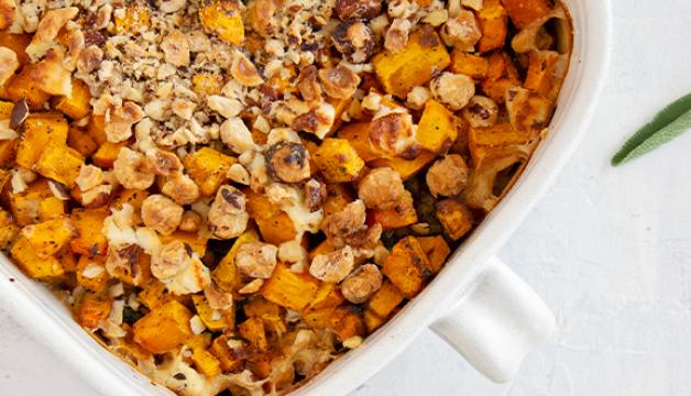 Butternut Squash Gratin with Goat Cheese and Hazelnuts