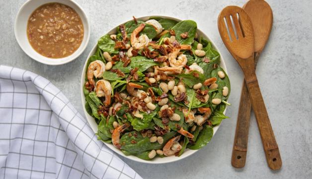 Warm Spinach Salad with Shrimp, Bacon, and White Beans