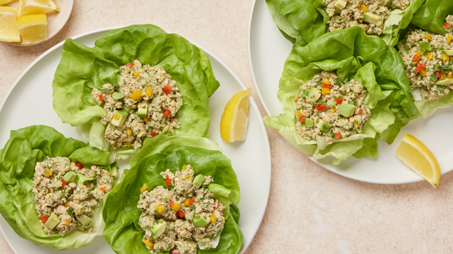 Lemon Artichoke Salmon Salad Served in Crisp Organic Lettuce Cups