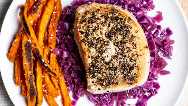Braised Pork Chops and Red Cabbage with Sweet Potato Fries
