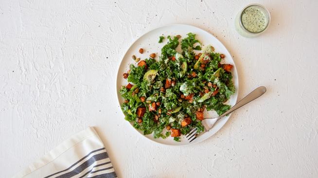 Kale Salad with Roasted Sweet Potatoes and Garbanzo Beans
