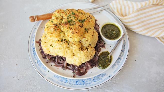 Whole Roasted Cauliflower with Pesto