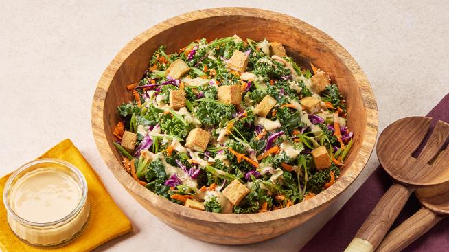 Chopped Kale Salad with Pan-Fried Tofu With Sesame Miso Ginger Dressing