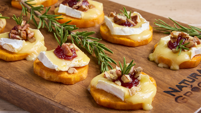 Roasted Sweet Potato Bites with Brie and Cranberry