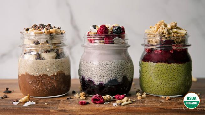 Natural Grocers Organic Breakfast Chia Pudding, Three Ways: Chocolate Peanut Butter Banana, Cherry Matcha, and Blueberry Coconut Cream