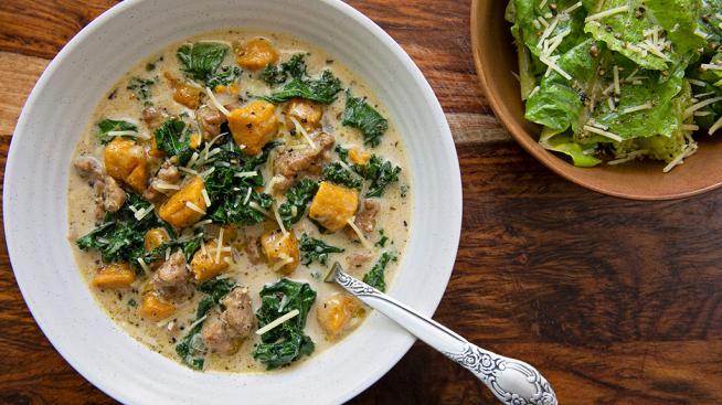 Creamy Sausage, Kale, and Gnocchi Soup Served with a Simple Salad