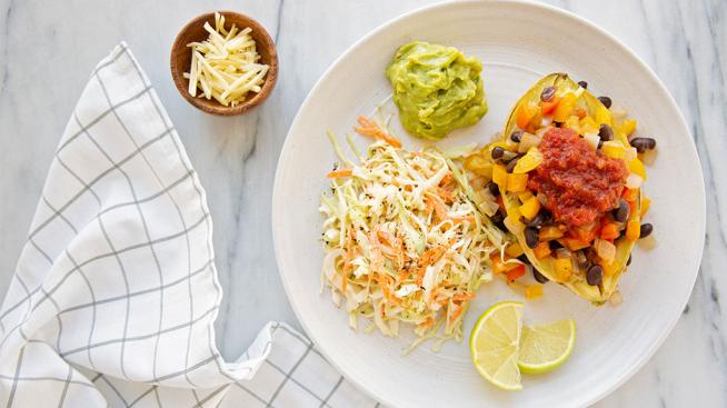 Loaded Tex-Mex Sweet Potatoes Served with a Quick South-of-the-Border Slaw