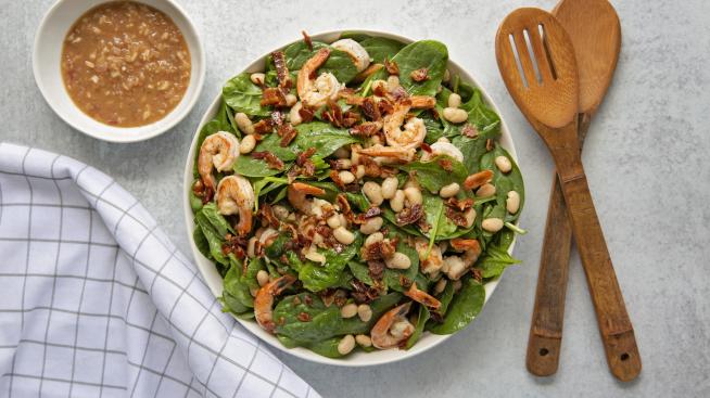 Warm Spinach Salad with Shrimp, Bacon, and White Beans